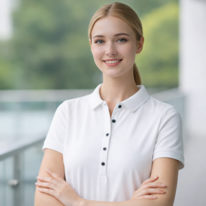 Blond Girl wearing Mercer+Mettle MM1001 Polo (5 x 5) Mercer+Mettle Women's Stretch Heavyweight Pique Polo - MM1001